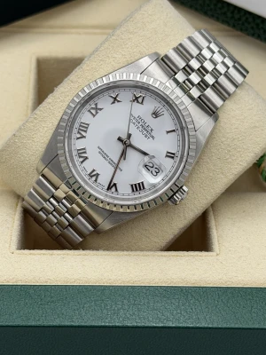 Rolex Datejust 36 16220 white roman, engine turned bezel, oyster bracelet, 2004