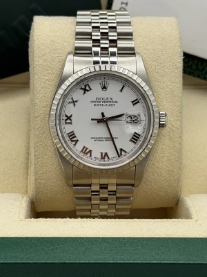 Rolex Datejust 36 16220 white roman, engine turned bezel, oyster bracelet, 2004