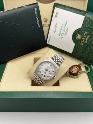 Rolex Datejust 36 16220 white roman, engine turned bezel, oyster bracelet, 2004