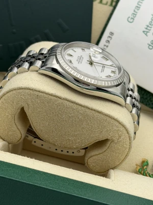 Rolex Datejust 36 16220 white roman, engine turned bezel, oyster bracelet, 2004